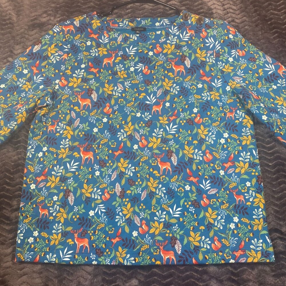 talbots 3/4 Sleeve Top With Colorful Deer & Foliage Pattern 100% Cotton Face & B